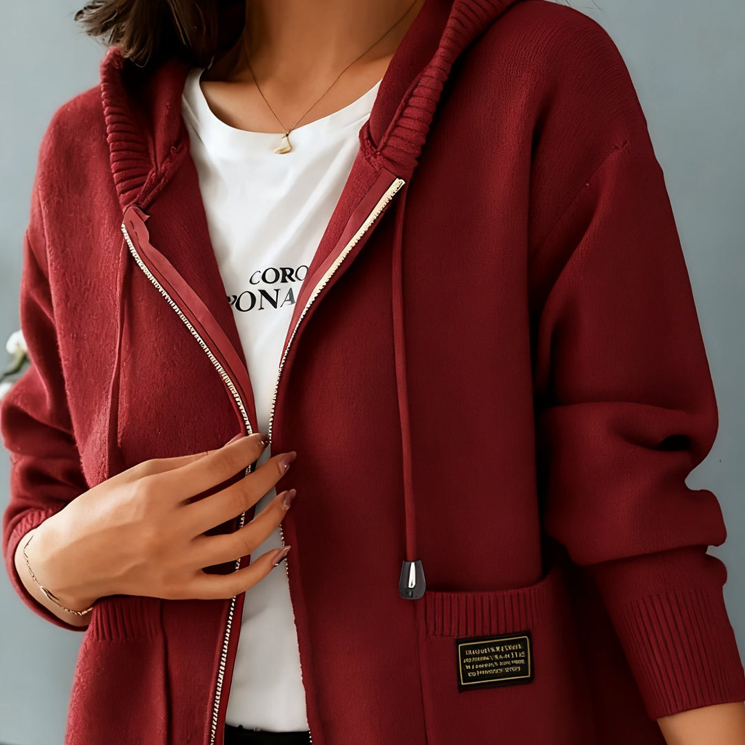 Solveth | Women's Zip-Up Hooded Cardigan - Burgundy - Image 1