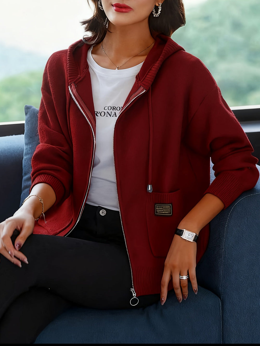 Solveth | Women's Zip-Up Hooded Cardigan - Burgundy - Image 2