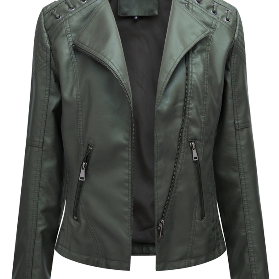 Solvindra | Women's Leather Biker Jacket - Dark Green - Image 1