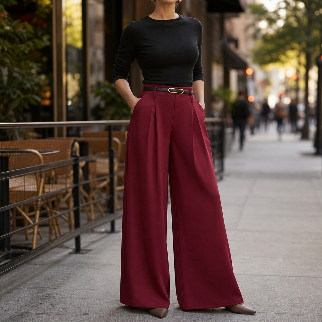 Telvindra | Women's Wide Leg Trousers High Waist - Burgundy - Image 1