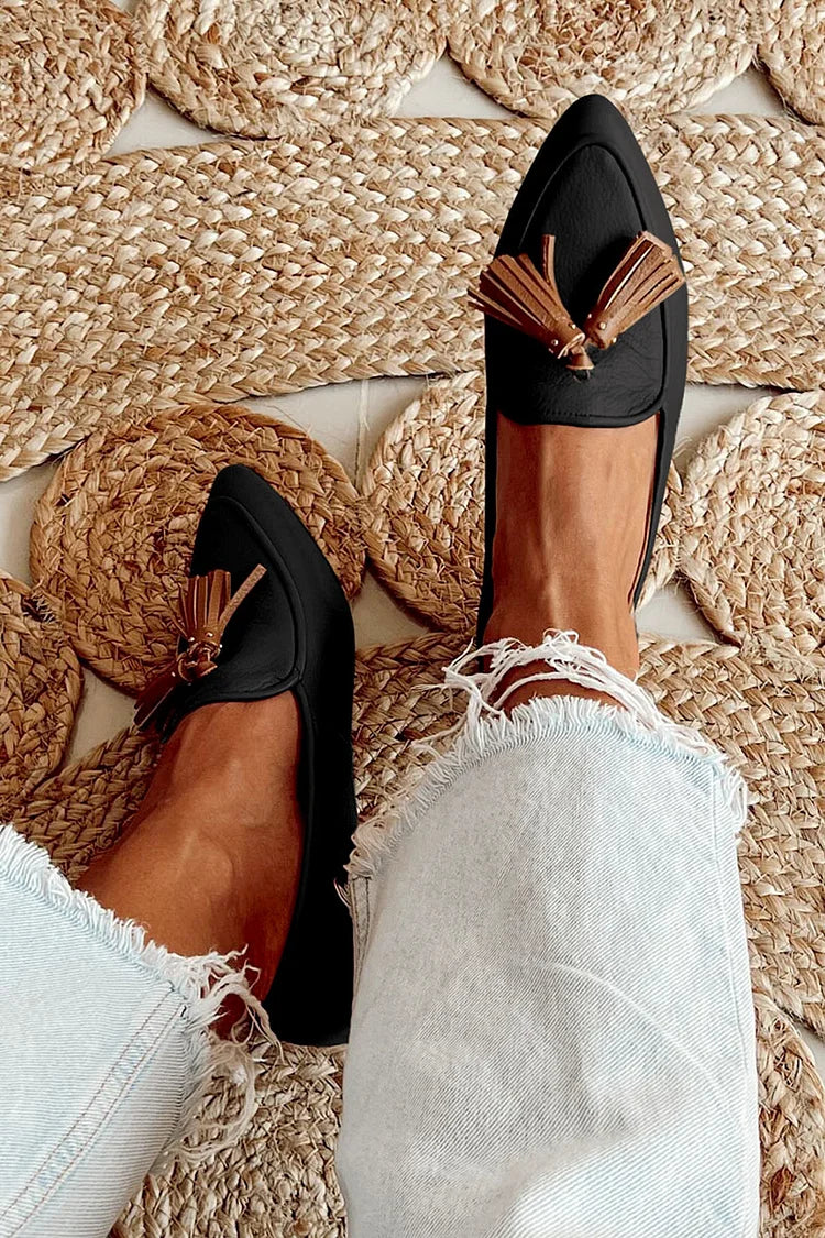 Telvorn | Women's Pointed Toe Tassel Loafers - Black - Image 1