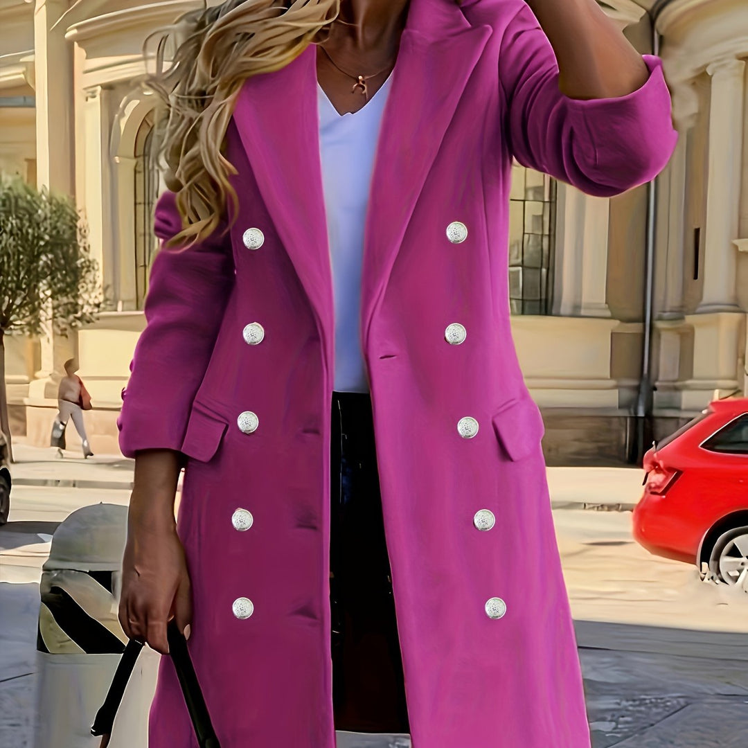Thessamine | Women's Winter Coat Double-Breasted Longline - Hot Pink - Image 1