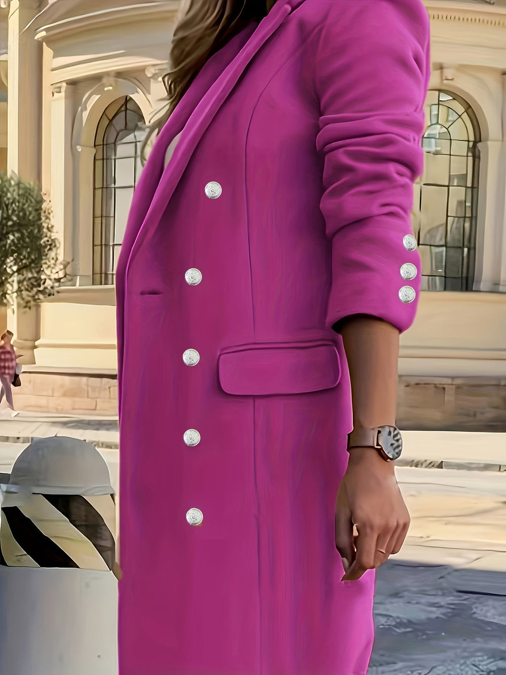 Thessamine | Women's Winter Coat Double-Breasted Longline - Hot Pink - Image 2