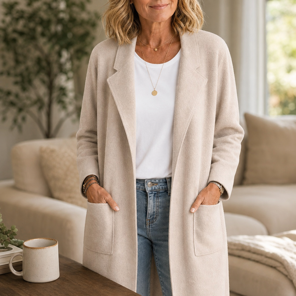 Velindra | Women's Longline Winter Coat Open-Front - Beige - Image 2