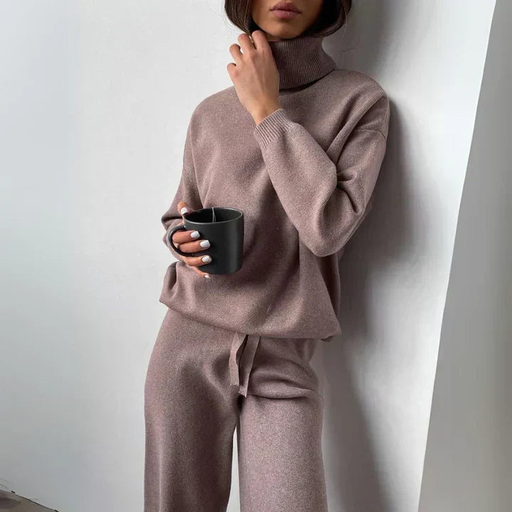 Verity | Women's Oversized Turtleneck Jumper Loungewear Set - Taupe - Image 1