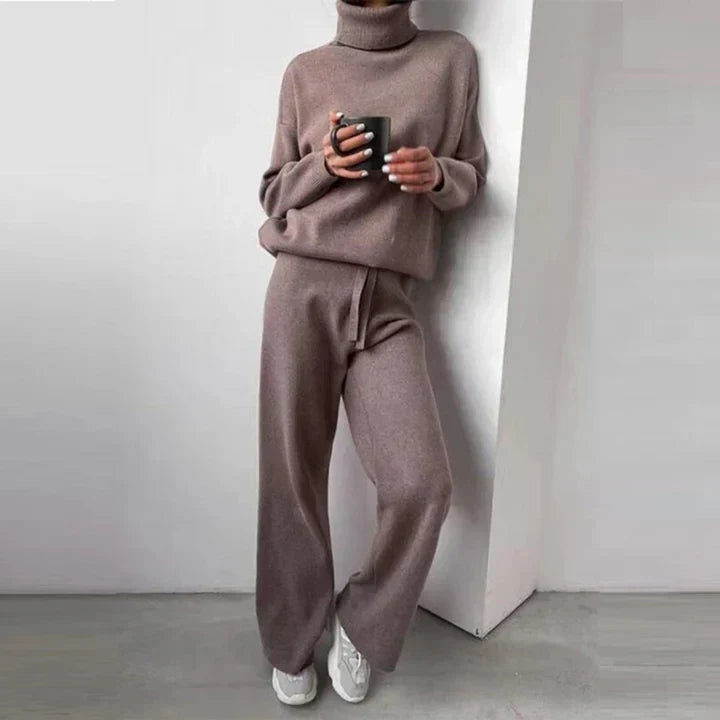 Verity | Women's Oversized Turtleneck Jumper Loungewear Set - Taupe - Image 2