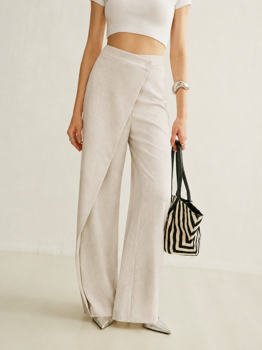 Vespindra | Women's Wide Leg Trousers Wrap Front - Light Grey - Image 2