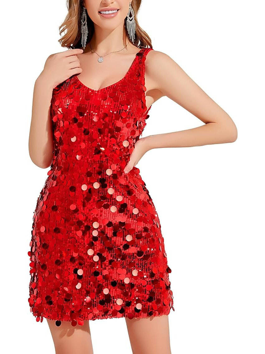Vordwyn | Women's Sequin Party Mini Dress - Red - Image 1