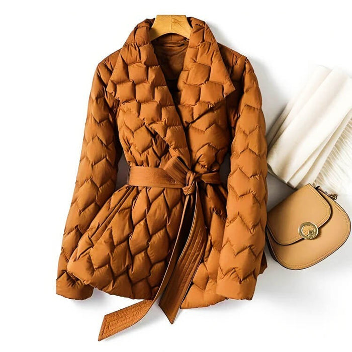 Vornelle | Women's Belted Quilted Puffer Jacket - Camel - Image 1