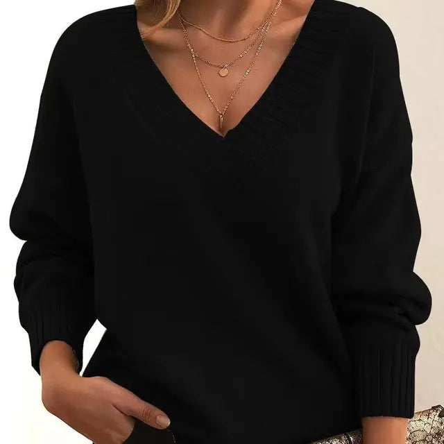Winifred | Women's Oversized V-Neck Knit Jumper - Black - Image 1