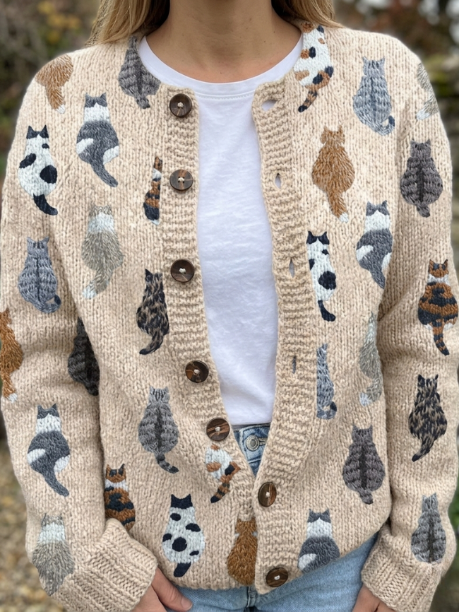 Wrenelle | Women's Cat Print Button-Front Cardigan - Beige - Image 1