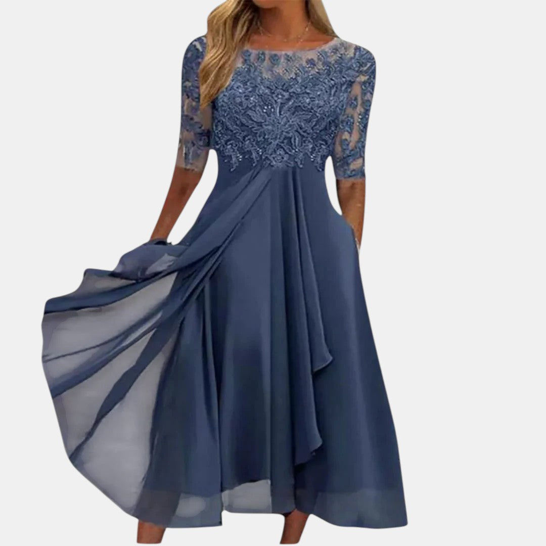 Wrenith | Women's Lace Bodice Midi Dress Half Sleeve - Blue - Image 1