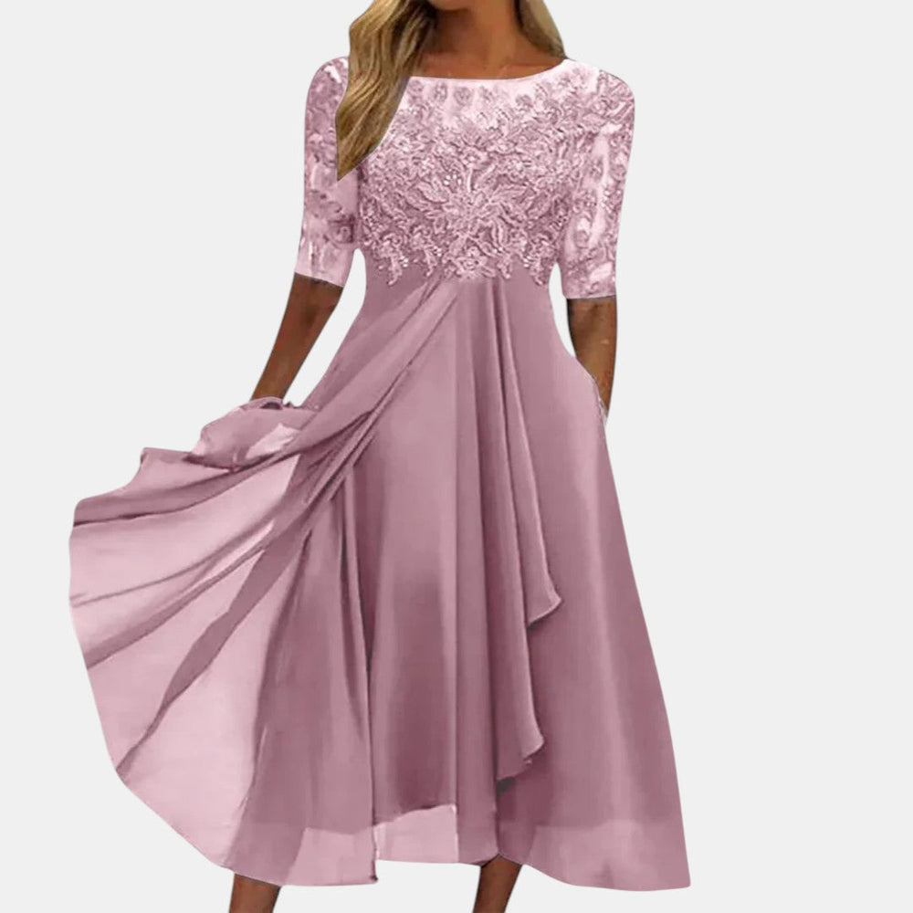 Wrenith | Women's Lace Bodice Midi Dress Half Sleeve - Blue - Image 2