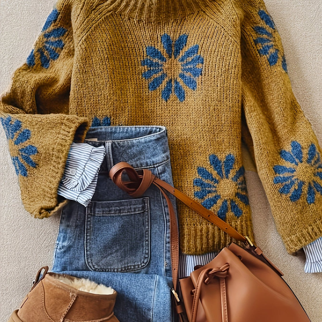 Wrenith | Women's Oversized Floral Knit Jumper - Mustard - Image 1