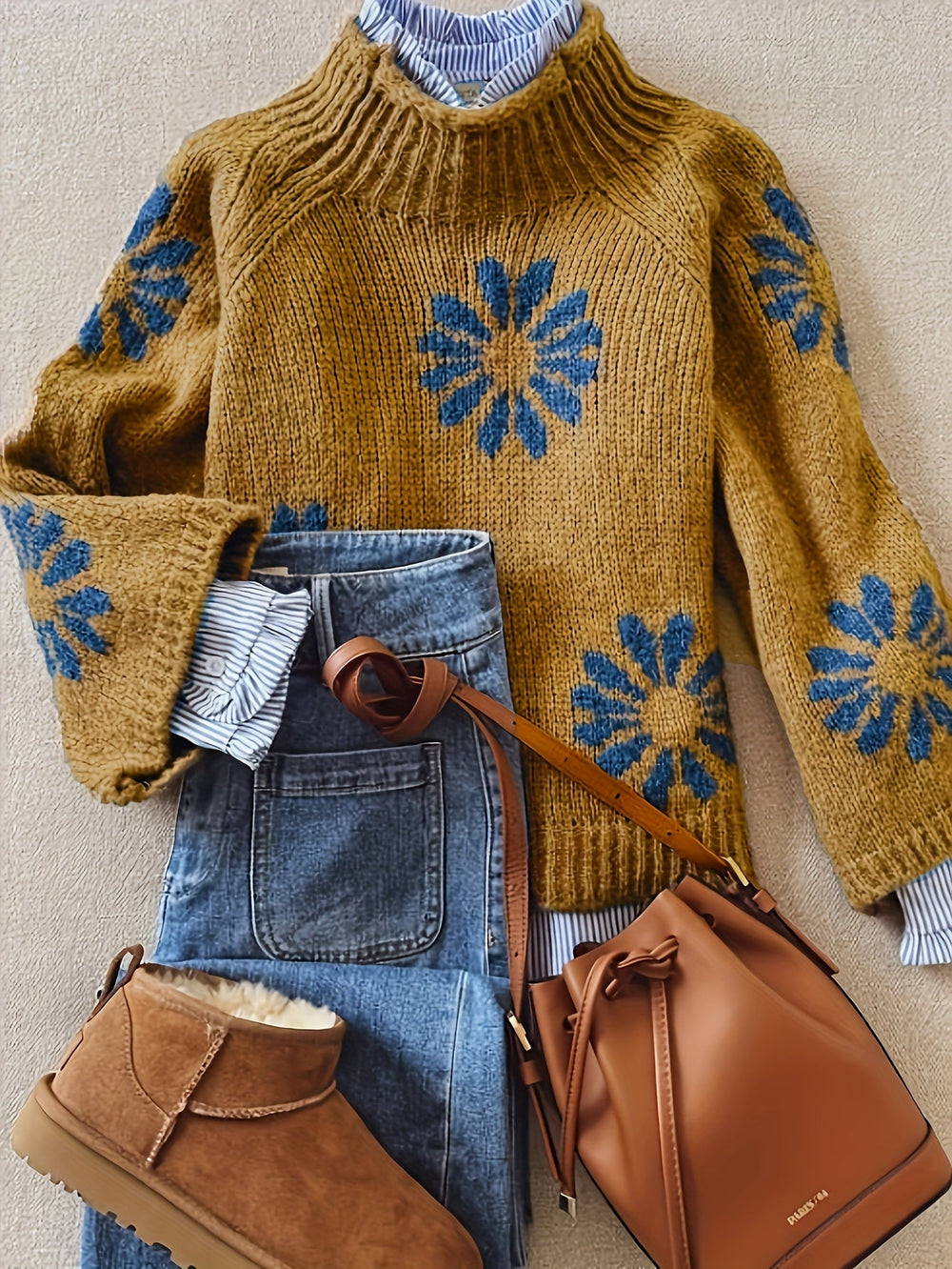 Wrenith | Women's Oversized Floral Knit Jumper - Mustard - Image 2