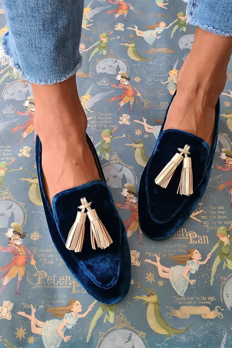 Wrenova | Women's Velvet Tassel Loafers Slip-On Flats - Navy - Image 1
