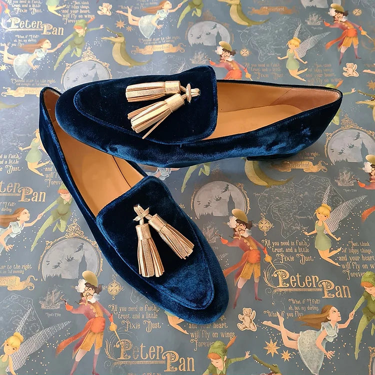 Wrenova | Women's Velvet Tassel Loafers Slip-On Flats - Navy - Image 2