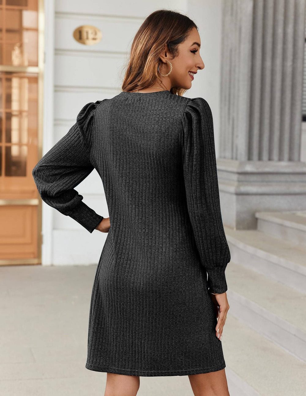 Wyndara | Women's Puff Sleeve Jumper Dress - Black - Image 2