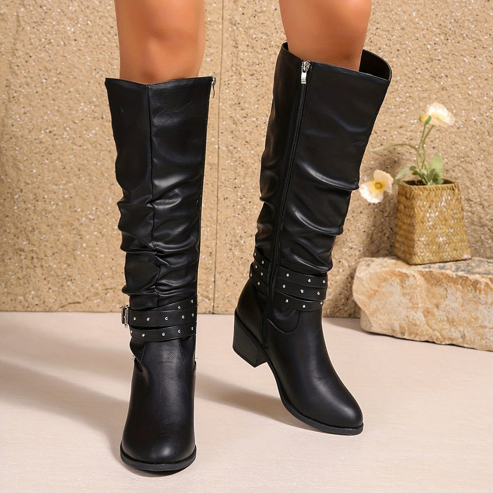 Wyndrell | Women's Knee-High Boots Slouchy Block Heel - Black - Image 2